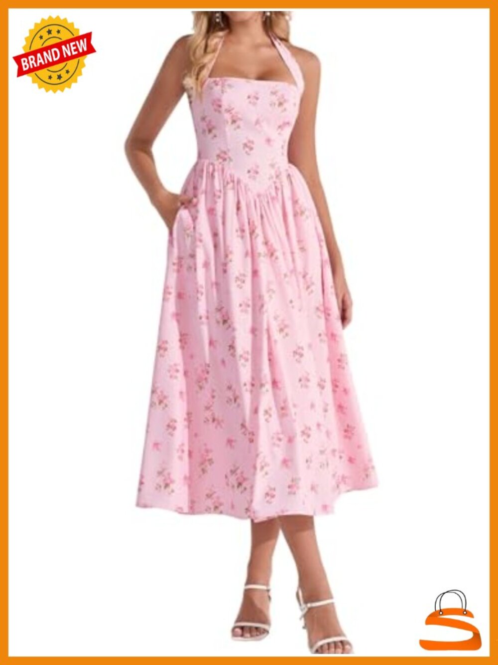 Floral Halter Corset Midi Dress with Pockets for Weddings